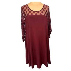 Nina Leonard Burgundy Shirt Dress Polka Dot Sheer Holiday Size  L